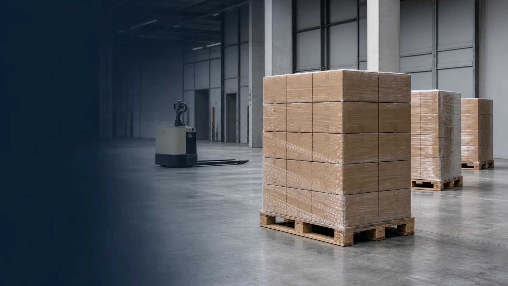 A pallet contained with stretch film in a warehouse